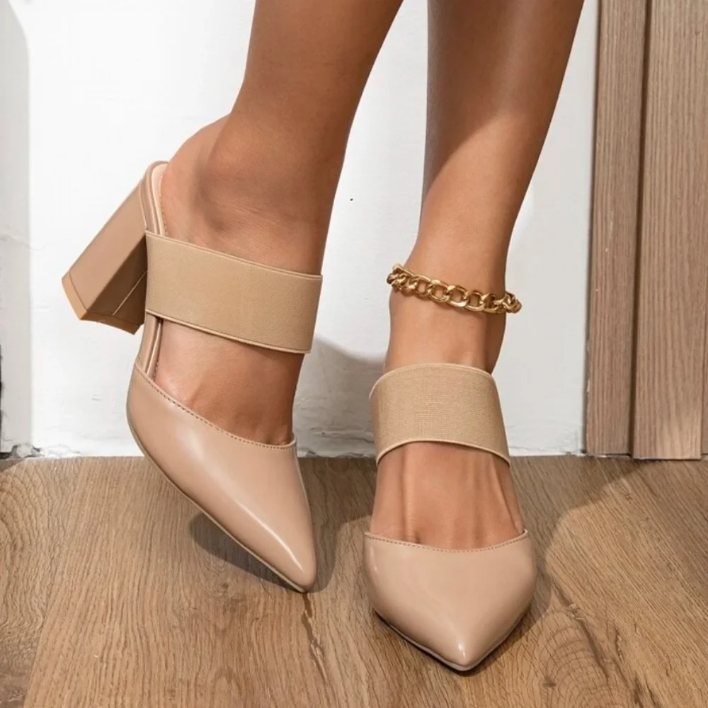 Women Elegant Mule Pumps, Point Toe Chunky Heeled Pumps - Picture 2 of 5